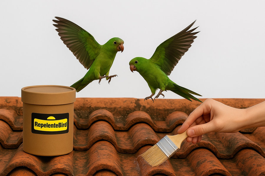 Aplicação da Tinta Incolor RepelenteBird com pincel em telhado com maritacas