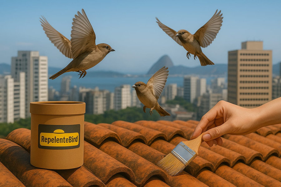 Aplicação da Tinta Incolor RepelenteBird com pincel em telhado com pardais