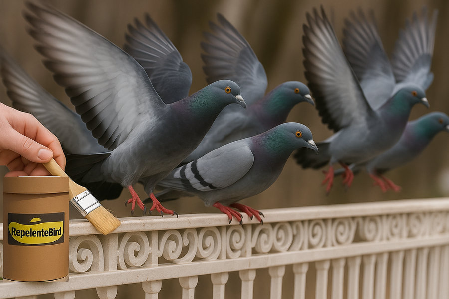 Aplicação da Tinta Incolor RepelenteBird com pincel em parapeito com pombos